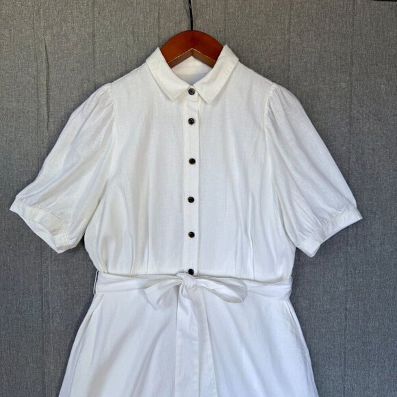 Ann Taylor ivory Linen Blend Short Puff Sleeve Button Front Midi Dress Size 16 - Picture 4 of 17